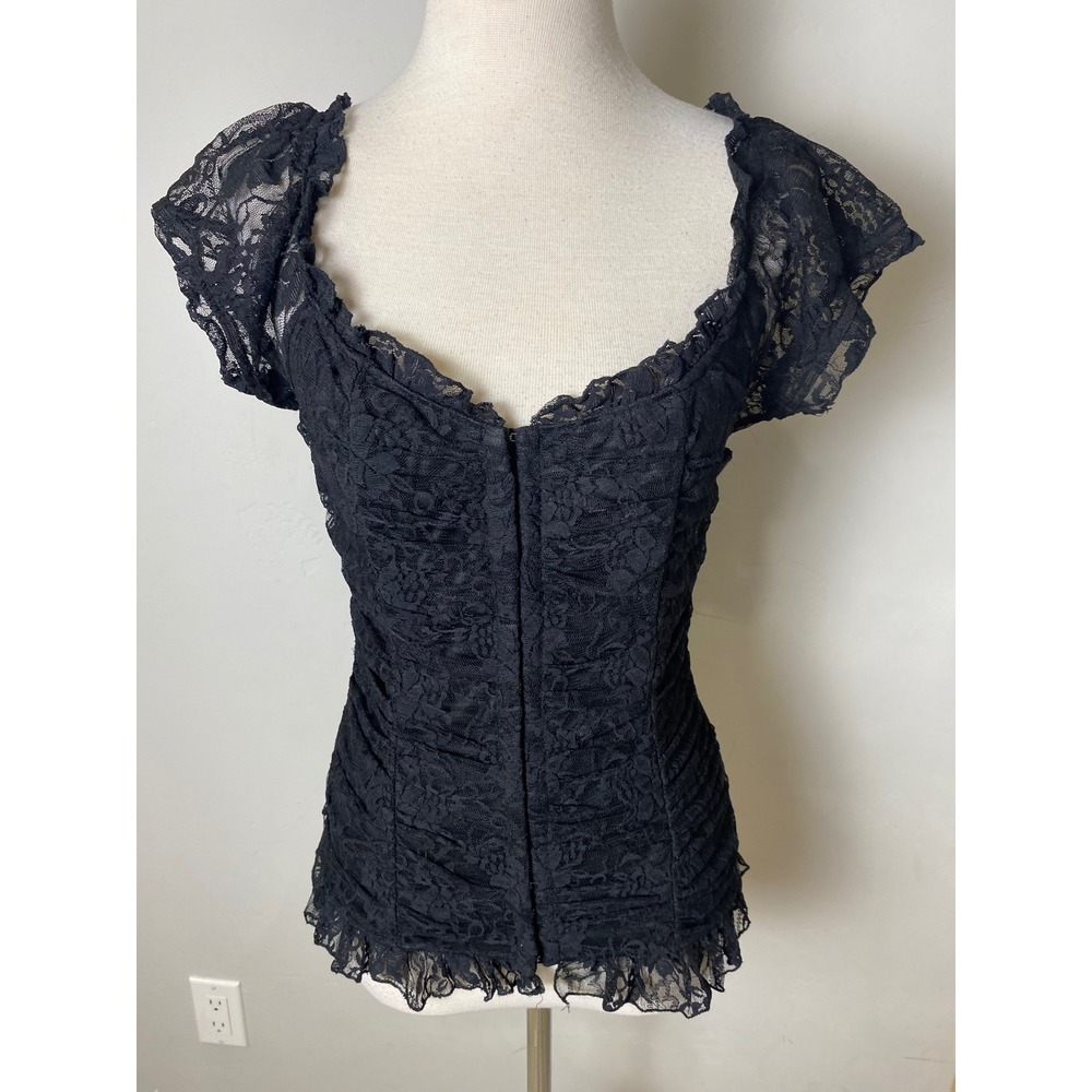 Grass Collection Black Lace Corset Top Hook Eye Floral Ruched Ruffle Small